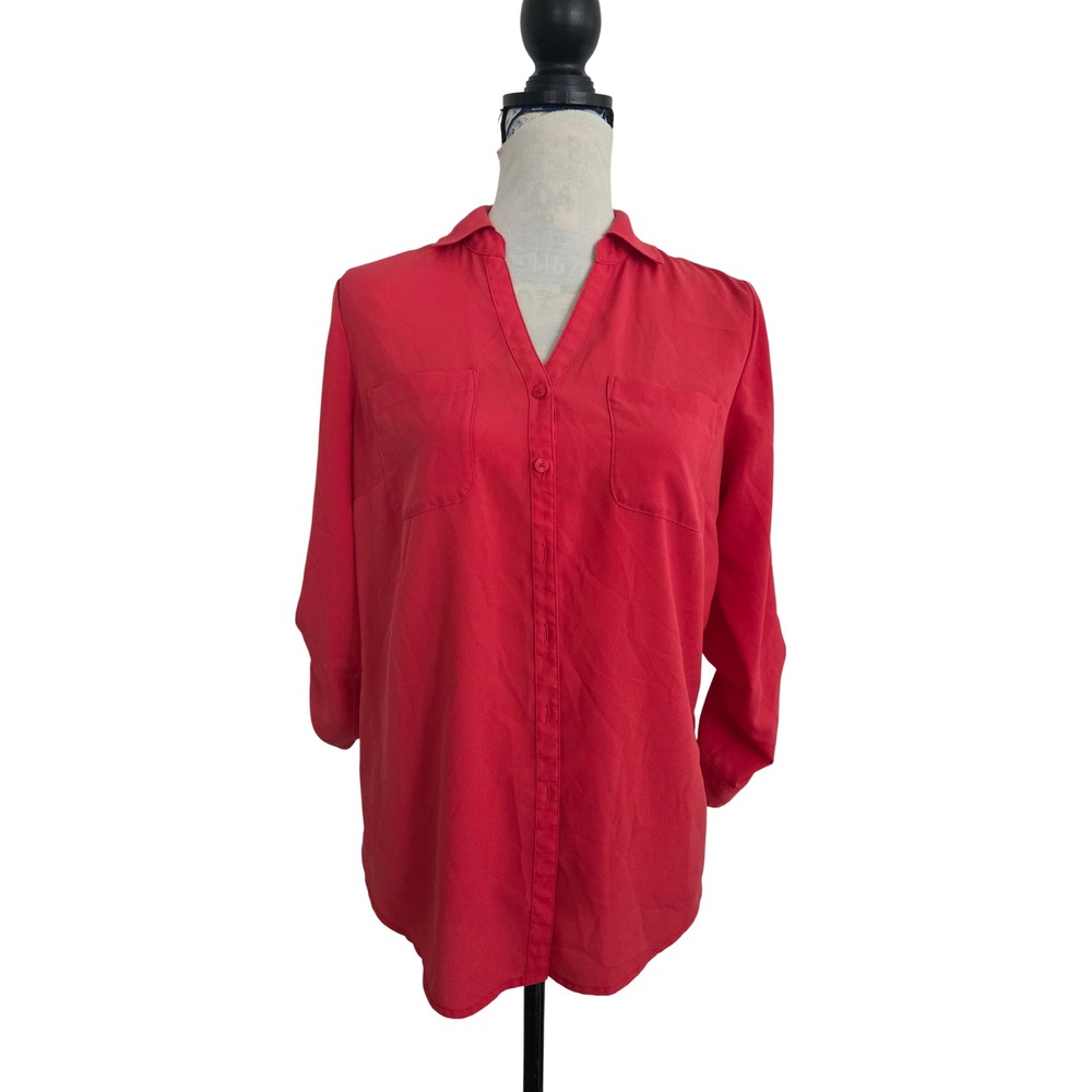 Talbots Nantucket‎ Red Roll Tab Sleeve Button Down Blouse Petite Medium MP